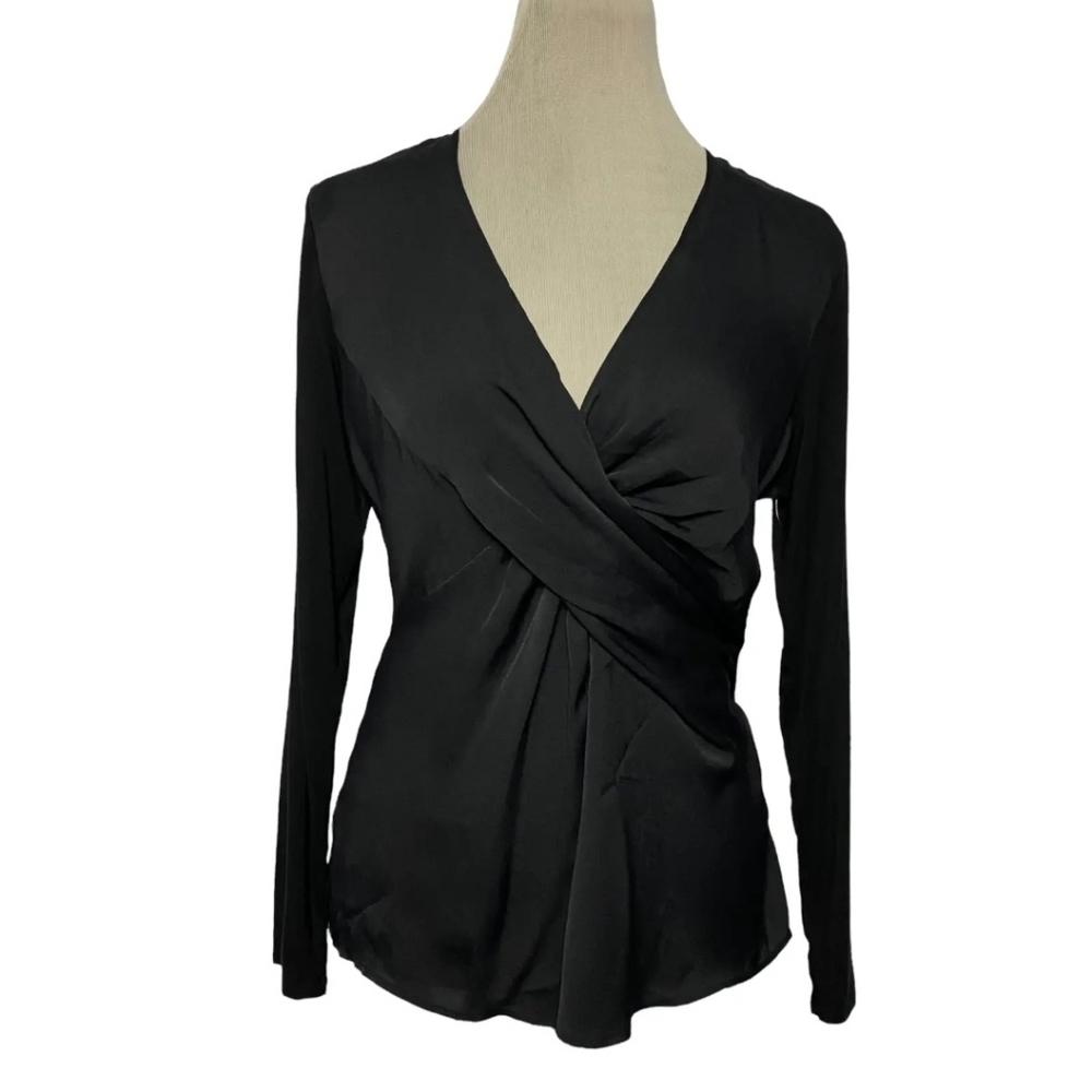 Etcetera Women’s Long Sleeve Twist Front V Neck Blouse Top Black Size Large